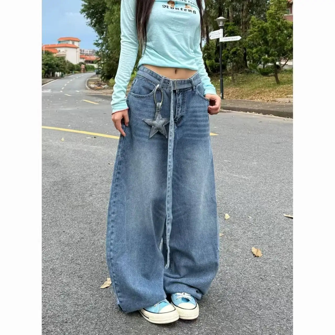 Y2K fashion retro cartoon embroidered women wide-leg jeans casual Harajuku loose pants street personality high-waisted jeans