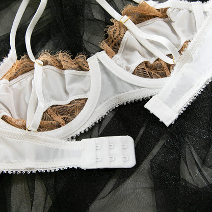 French Satin Lace Bra And Thong Set Sexy Ultrathint Lace Patchwork Lingerie Two Picec Sets Fancy Erotic Intimate Underwear Suit