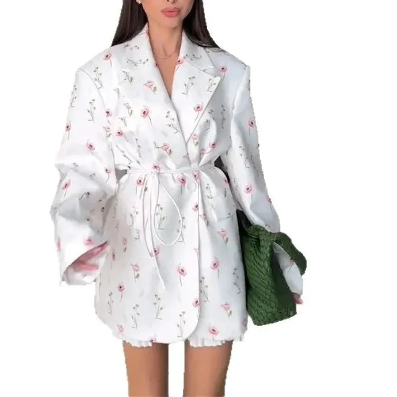 Women's Flower Printed Loose Suit 2025 Spring/Summer New Fashion Collar Belted Waist - Cinching Suit Jacket