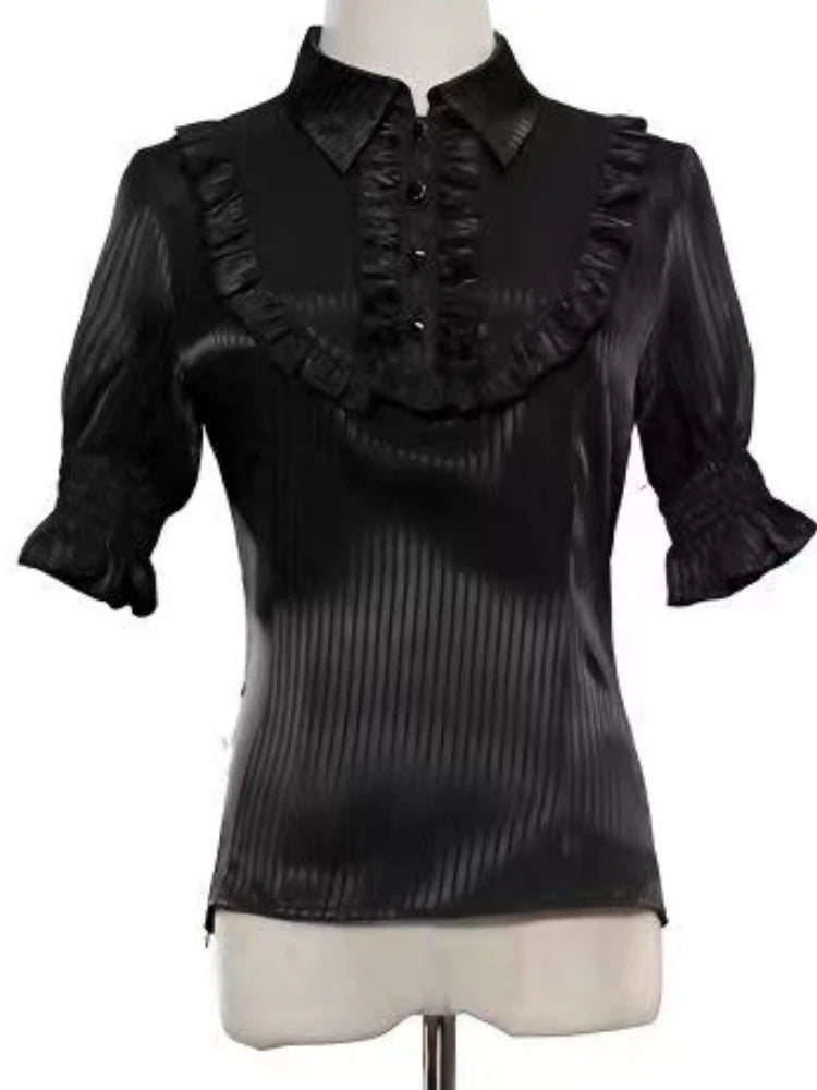 Japanese Kawaii Lolita Lace Patchwork Women Blouses 2025 Summer Harajuku Single Breasted Sweet Shirts Girly JK Bow Tops & Tees 42422