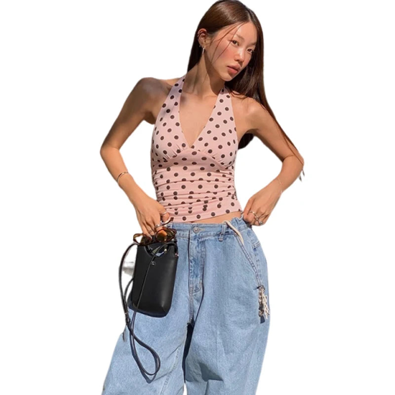 weird Puss Polka Dot Print Vest Women Y2K Lace-Up Backless Halter v-Neck Skinny Summer Trend Daily Street Basic Chic Tank Tops