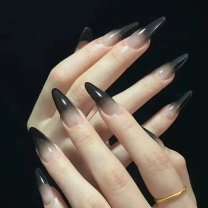 24pcs Black Gradients Long Paragraph Fashion Manicure Patch Reusable Adhesive False Nails Almond Fake Nails Press On Stiletto style1