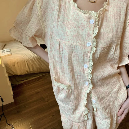 Ruffles Women Pajamas Sets for Home Summer Floral Sleepwear Shorts Sleeve Lace 2 Pieces Button Night Wears Korean Home Suit 2024 pink