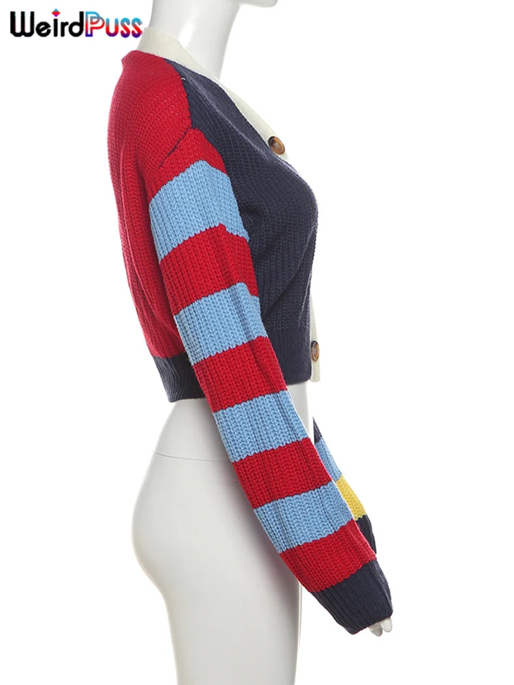 Weird Puss Y2K Cardigan Sweater Women Letter Print Casual Wild V-Neck Button Colorful Patchwork Street Trend Hipster Knit Coat