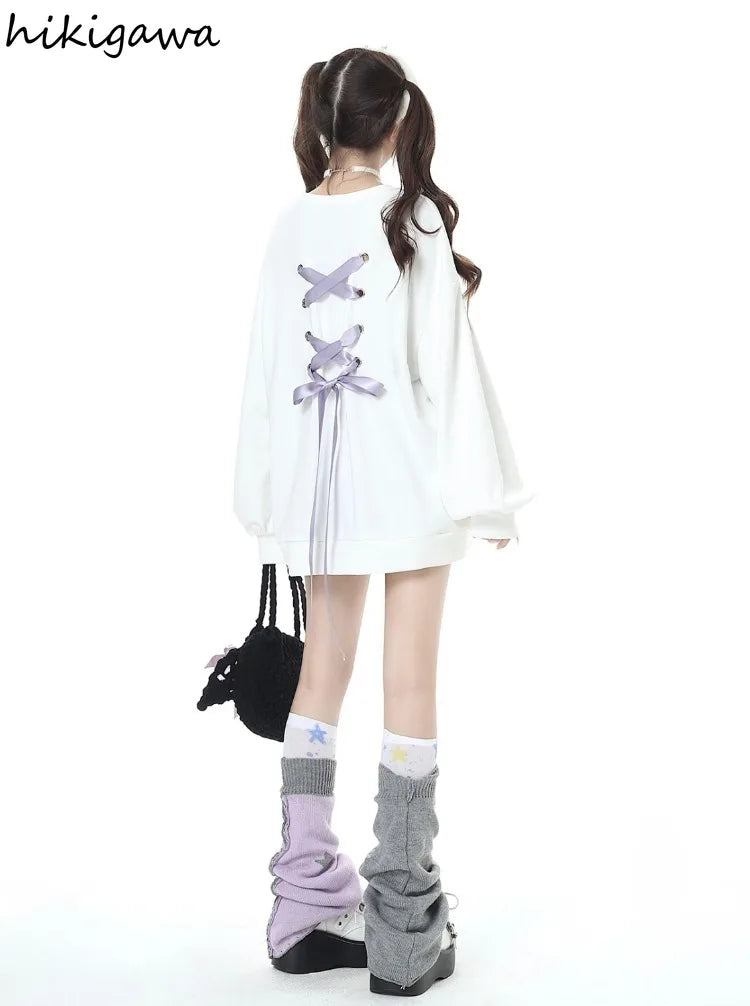 Sweet Sweatshirt Women Clothing Bow Bangage O-neck Long Sleeve Casual Y2k Tops 2025 Ropa Mujer Fashion Japanese Y2k Hoodies