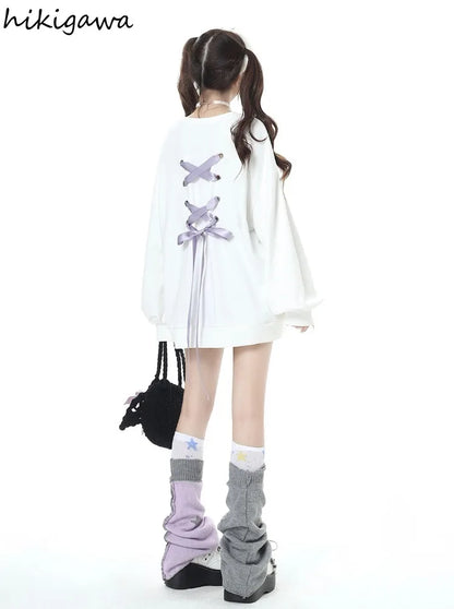 Sweet Sweatshirt Women Clothing Bow Bangage O-neck Long Sleeve Casual Y2k Tops 2025 Ropa Mujer Fashion Japanese Y2k Hoodies