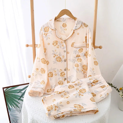 Japanese style spring, summer and autumn new ladies cotton gauze home service suit long-sleeved trousers cute cartoon suit women Pink