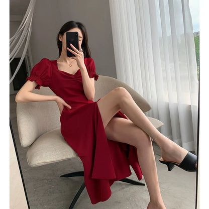 Solid Puff Short-Sleeved Elegant Slit Dress New Fashion Women V-neck Full Dresses Ladies High Waist Slim Evening Party Vestidos