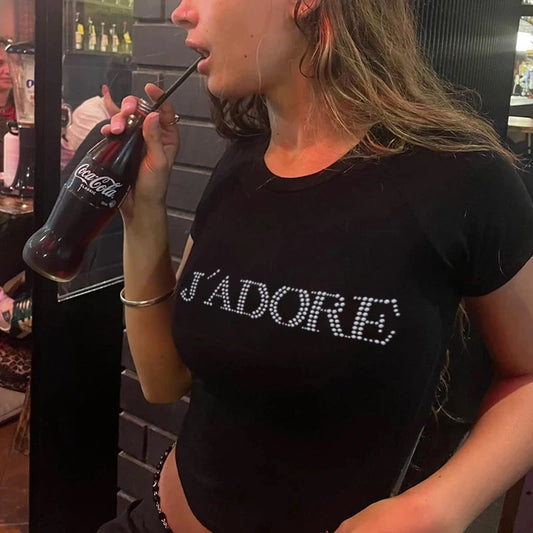 J'ADORE Letters Rhinestone Summer Crop Tops Black Y2k Streetwear Sexy Short Sleeve Tight Tshirts For Women Slim 2000s Clothes