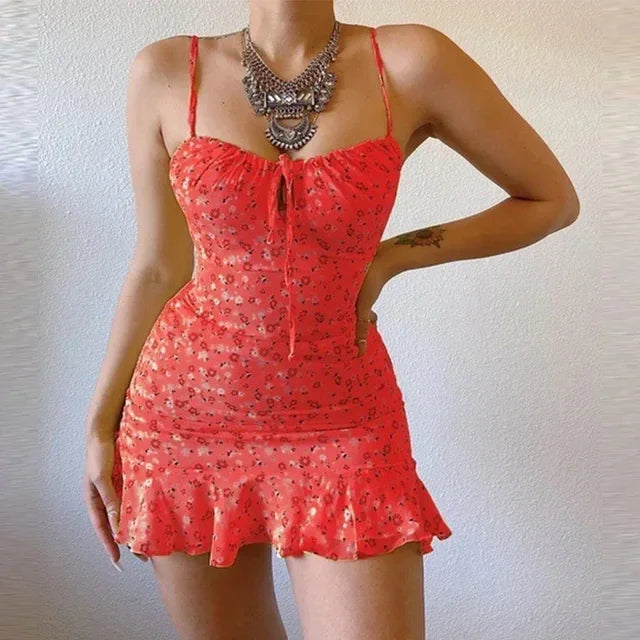 NEW Women's Sexy Casual Home Small Floral Camisole Dress Summer Comfortable Skirt Red