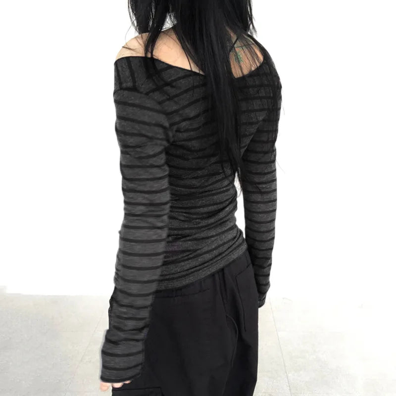 Lamuusaa Grunge Top y2k Clothes Women Cybercore Striped Off Shoulder Long Sleeve T Shirt 2000s Gothic Clothing Fall Streetwear