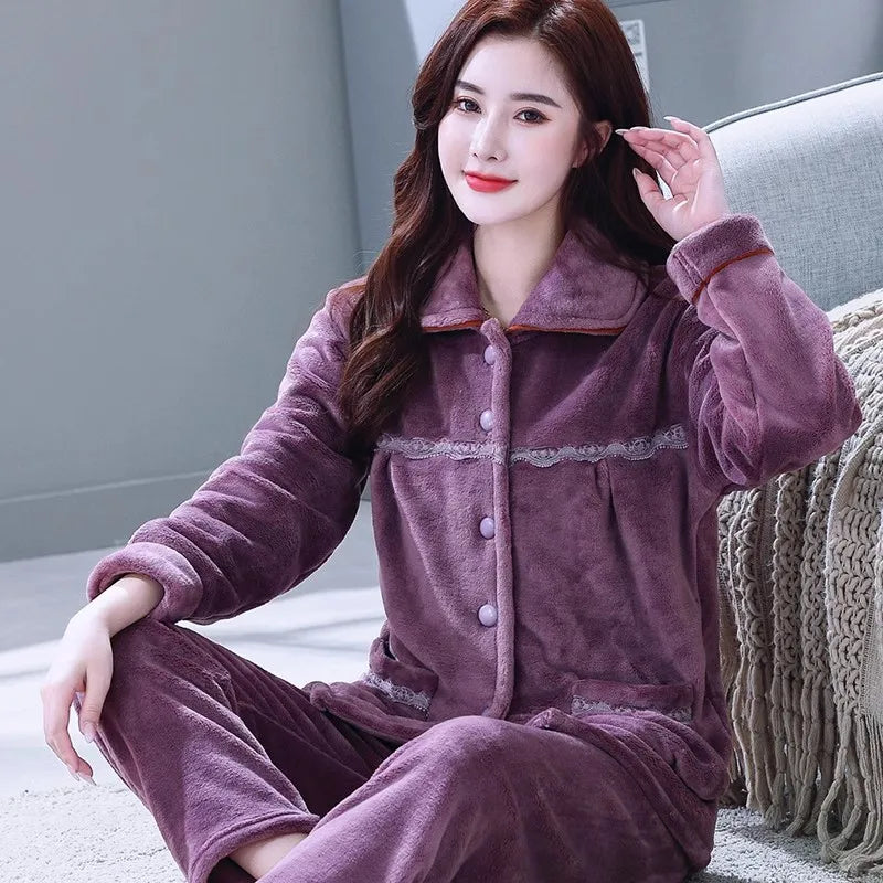 Autumn Winter Thicken Flannel Women Pajamas Set Two-piece suit Warm Loose Long-sleeve Female Casual Home service Single-breasted Purple HT