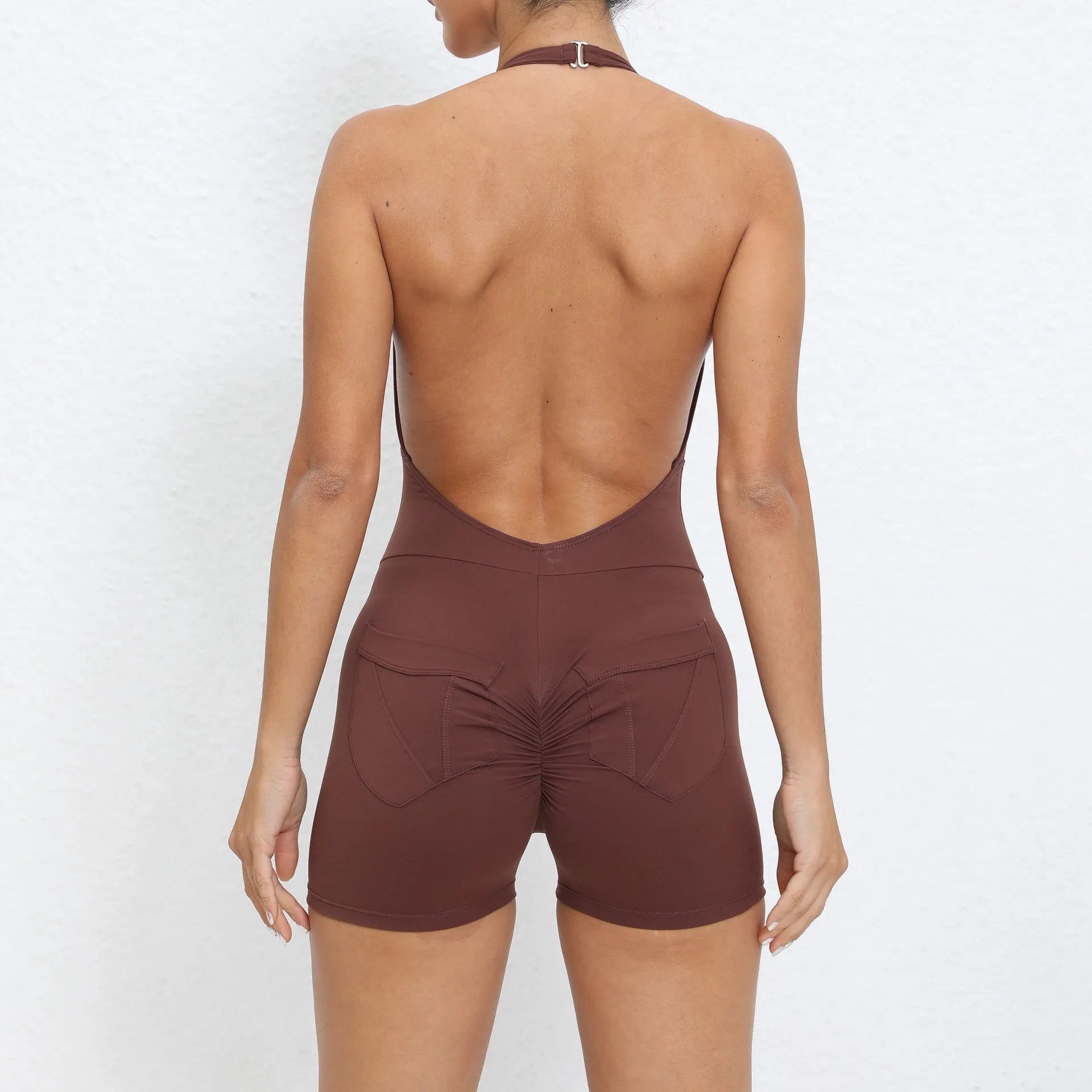 Gym Sport Jumpsuit Short Jumpsuit with Pocket Women Sportswear One Piece Yoga Set Sexy Backless Scrunch Fitness Overalls Romper
