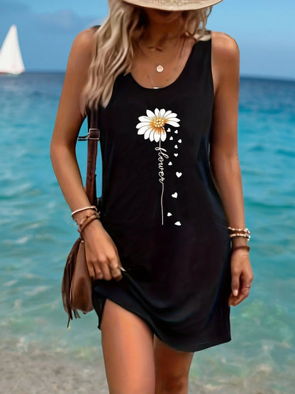 Women's Summer Sleeveless Tank Top Dress Sexy Women's summer loose sleeveless short mini dress with black print Gold