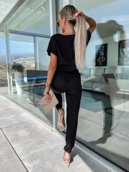 Jumpsuit Women 2023 Solid Color Short Sleeve V-neck Pocket Lace-up Pencil Long Pants Jumpsuits Summer Outfits Bodysuits Badiee Stylez