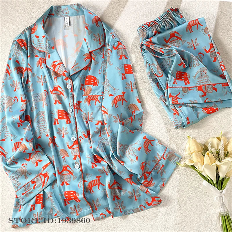 Women Long Sleeve Pajamas 2PCS Set Spring Summer New Sleepwear Loungewear Fashion Stripes Pyjama Pour Femme Loose Satin Homewear Blue Pajamas 6