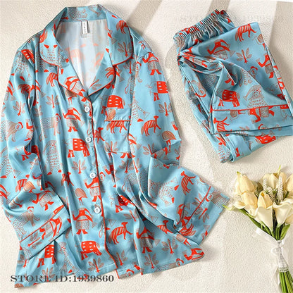 Women Long Sleeve Pajamas 2PCS Set Spring Summer New Sleepwear Loungewear Fashion Stripes Pyjama Pour Femme Loose Satin Homewear Blue Pajamas 6