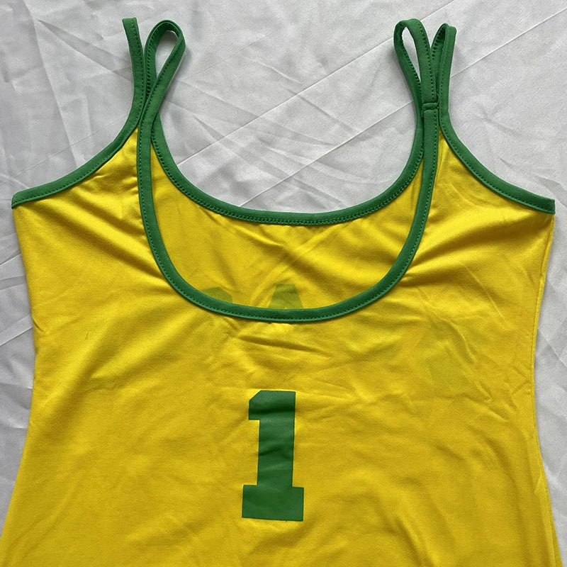 2024 Suspender Dress Women Beach Casual Short Dress Yellow Brasil Printed Long T Shirt Loose U Neck Sexy Summer Sling Mini Robe