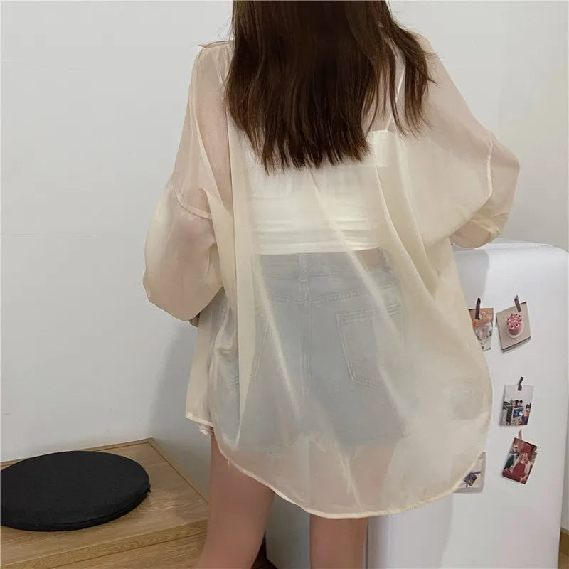 Semi Sheer Long Sleeve Shirt for Women Shimmer Button Down Collared Plain Lightweight Shirt Spring Summer Chic Tops Outfit