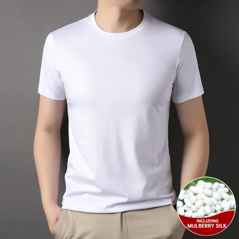 Top Grade 1.7% Mulberry Silk New Brand Tops Round Neck t Shirts For Men 2025 Summer Short Sleeve Casual Fashion Mens Clothing WHITE