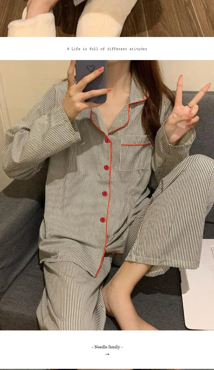 Pajamas Women Long Sleeve Trousers Summer Grey Cardigan Striped Sleepwear Loungewear Two Piece Set Ladies Nightwear Homewear