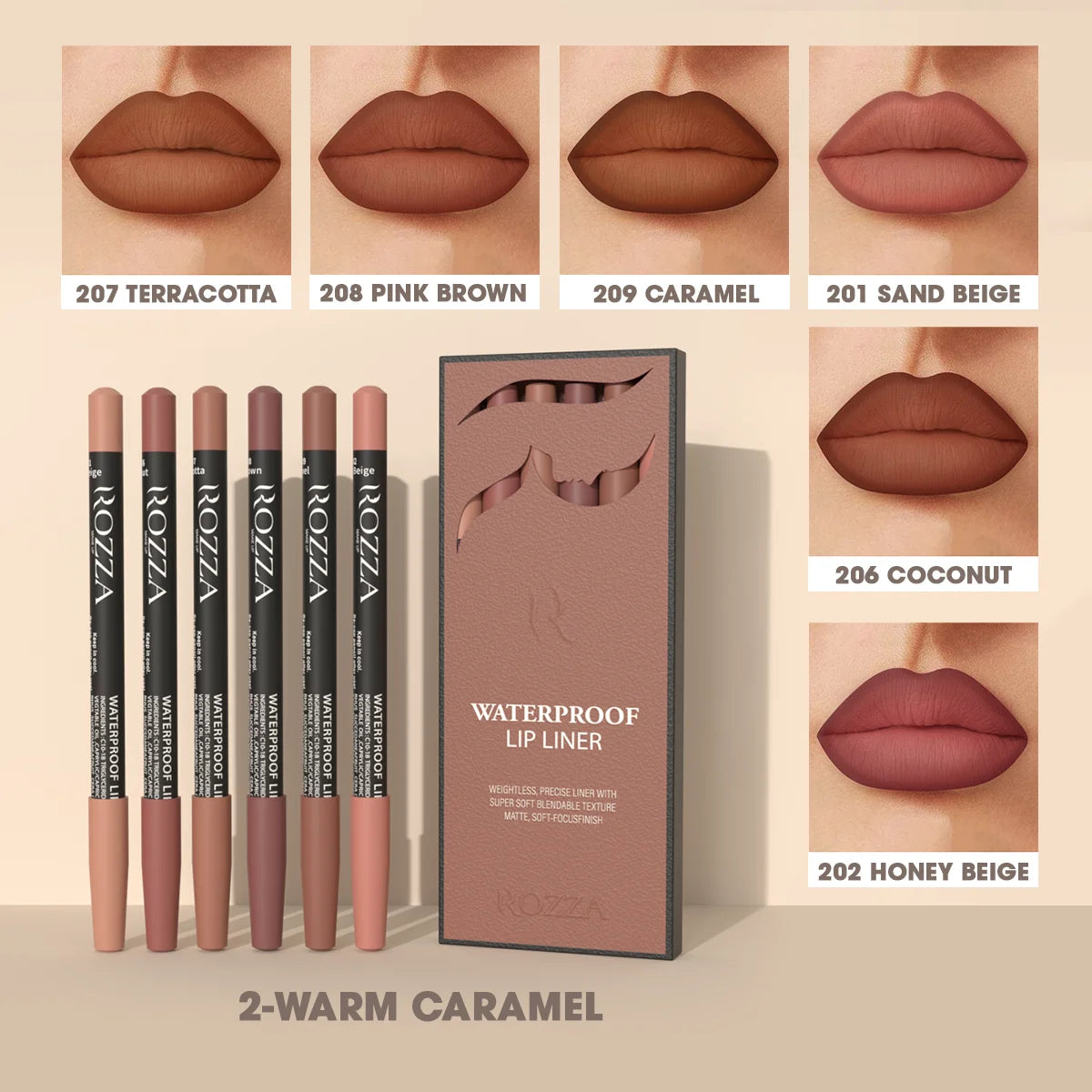 Rozza Waterproof Lip Liner Pencil Set, Weightless Precise Liner with Super Soft Blendable Texture Matte Soft Warm Caramel