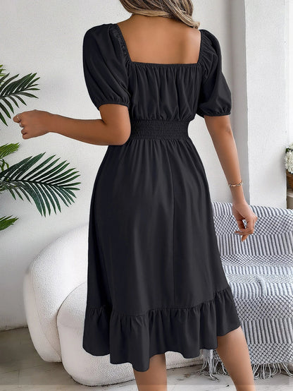 Spring and Summer Elegant High Waisted Dress Square Neck Short Sleeved Ruffled Edge Long Dresses for Women Badiee Stylez