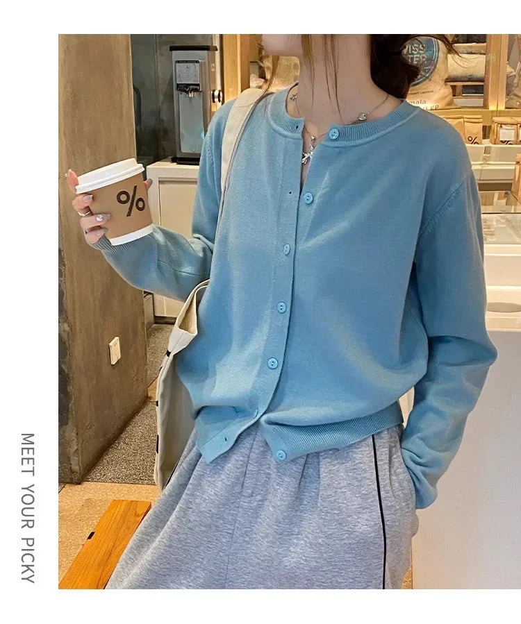 New 2025 Spring Summer Knit Cardigan O-Neck Solid Color Fashion High-Grade Comfortable Slim Casual Knitwear Tops