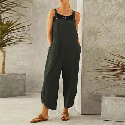 Women Loose Wide Leg Overalls Summer Adjustable Solid Color Cotton Linen Baggy Full Trousers Female Jumpsuits Oversized Green