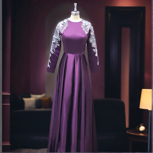 Chic Appliques Draped Evening Dresses for Pretty Women Long Sleeve Floor Length O-Neck Dreaped Gowns Special Event Vestidos 2025 Badiee Stylez