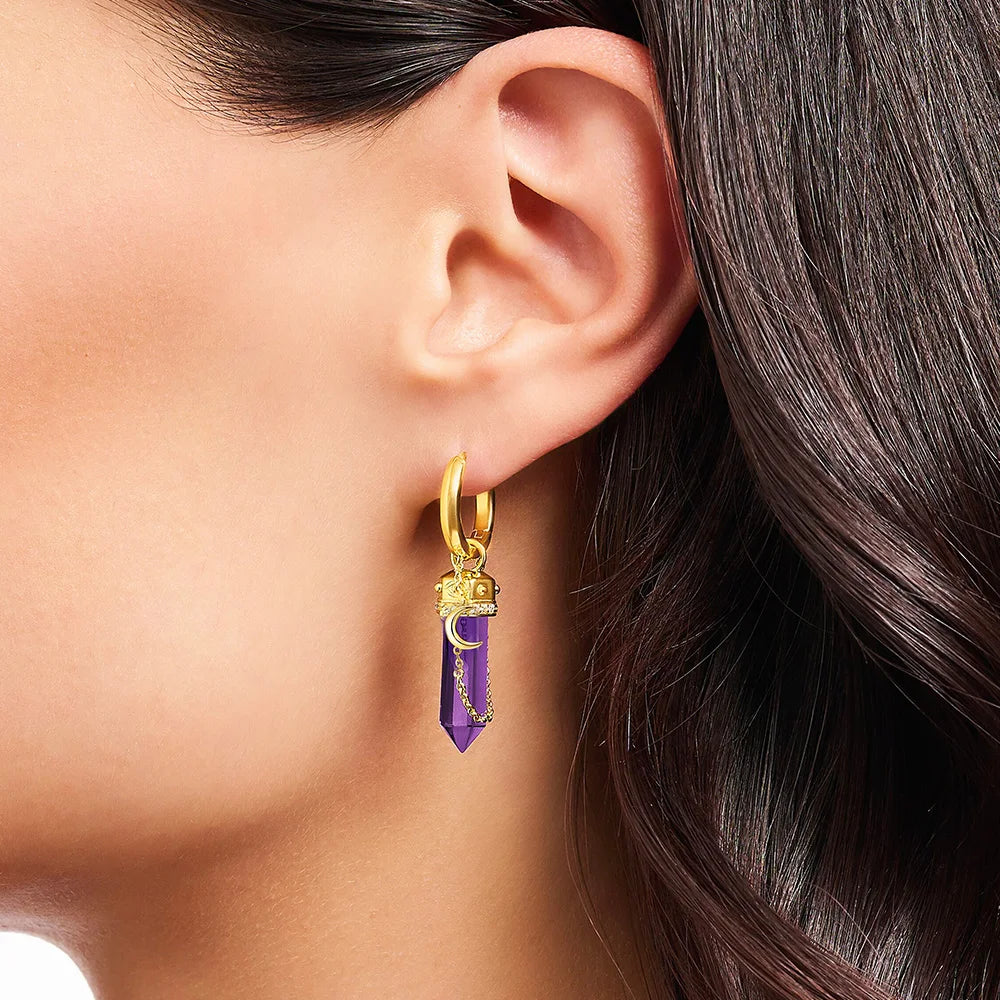 Gold Plated Hoop Earrings Moon with Imitation Amethysts Europe Fine Jewerly For Women Vintage Gift In Solid 925 Sterling Silver