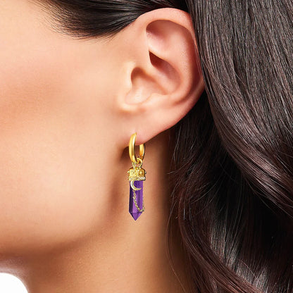 Gold Plated Hoop Earrings Moon with Imitation Amethysts Europe Fine Jewerly For Women Vintage Gift In Solid 925 Sterling Silver