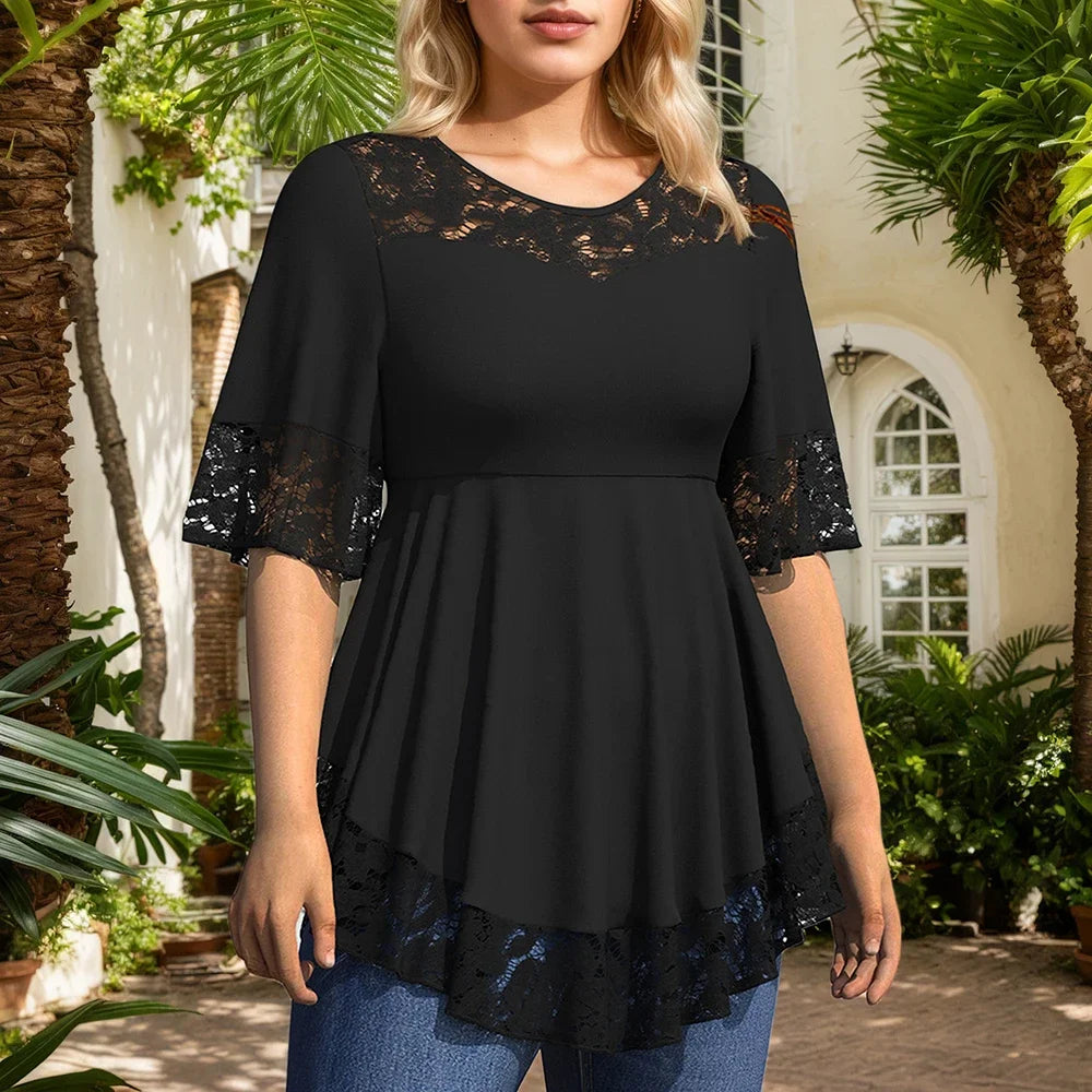 Plus Size Elegant Blouse Women Lace Patchwork Hollow Out Crew Neck Mesh Short Sleeve Office Lady Loose Ruffle Hem Female Blouses