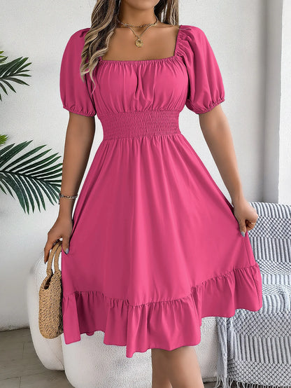 Women's MIidi Dresses 2024 Summer Casual Square Neck Short Sleeved Waist Ruffle Edge Dress Dress Women Elegant Платья Женские rose red