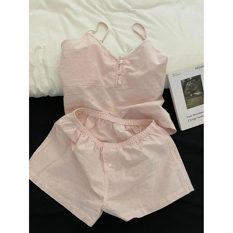 Lace Sleepwear Women Pajama Sets Striped Korean Piiama Summer Shorts Sets 2 Pieces Spaghetti Strap Night Wears Pink Home Suit Pink