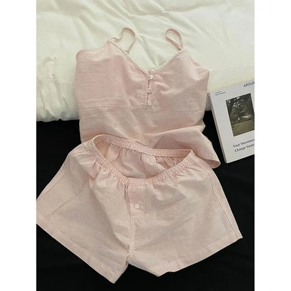 Lace Sleepwear Women Pajama Sets Striped Korean Piiama Summer Shorts Sets 2 Pieces Spaghetti Strap Night Wears Pink Home Suit Pink
