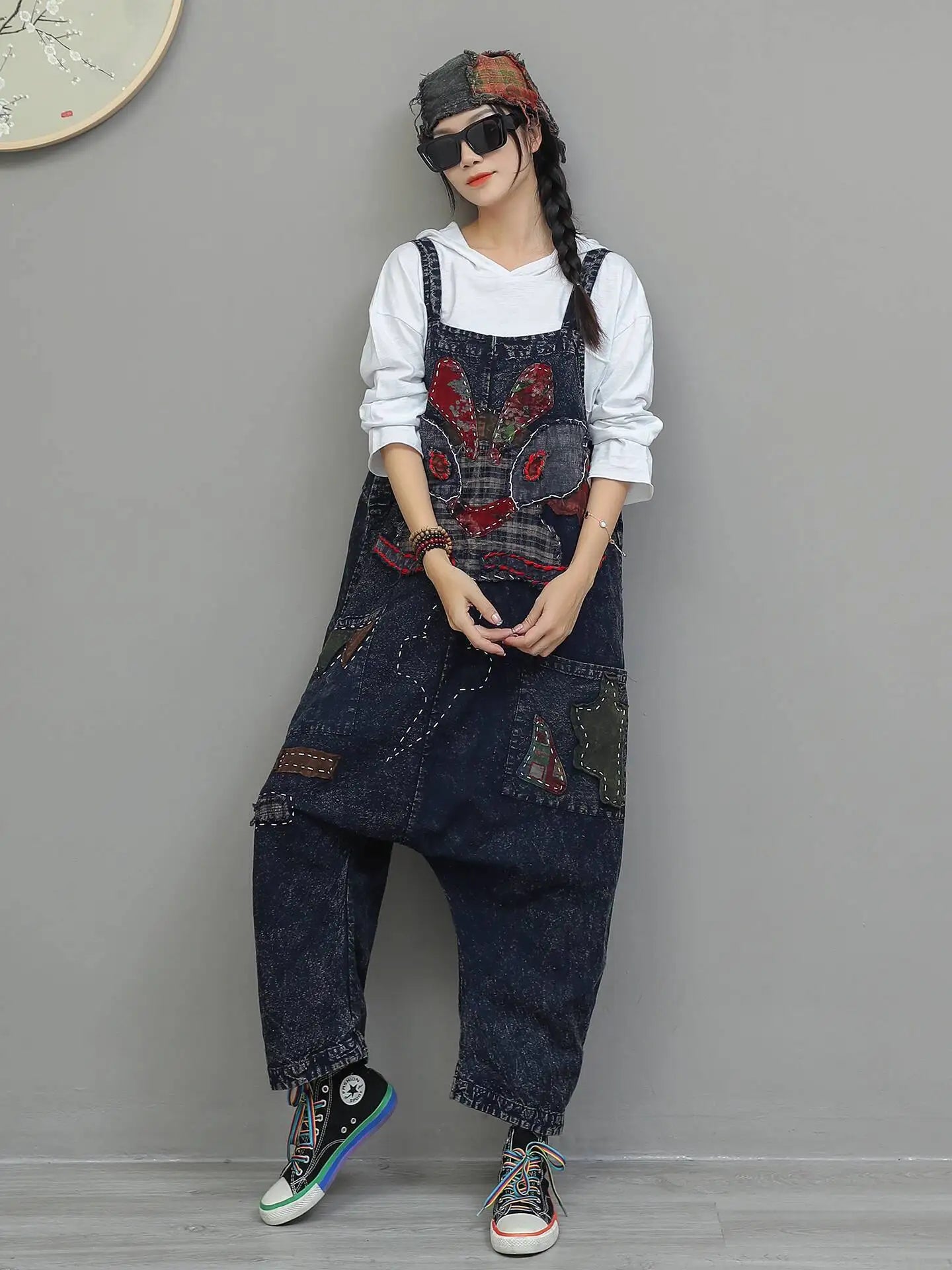 Heavy Embroidery Patch High Waist Overalls Women Autumn Fashion Stylish Loose Jumpsuit LX4372 Badiee Stylez