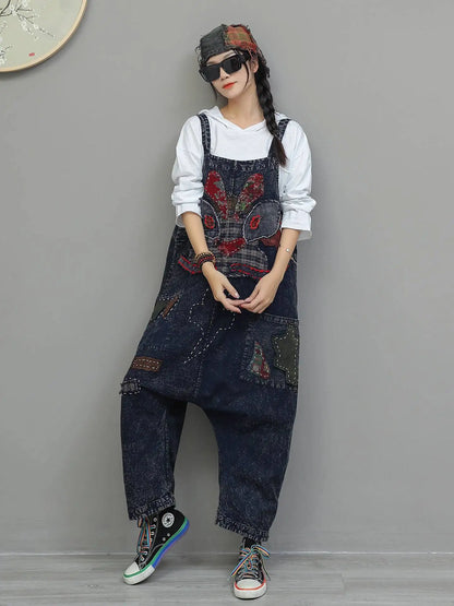 Heavy Embroidery Patch High Waist Overalls Women Autumn Fashion Stylish Loose Jumpsuit LX4372 Badiee Stylez
