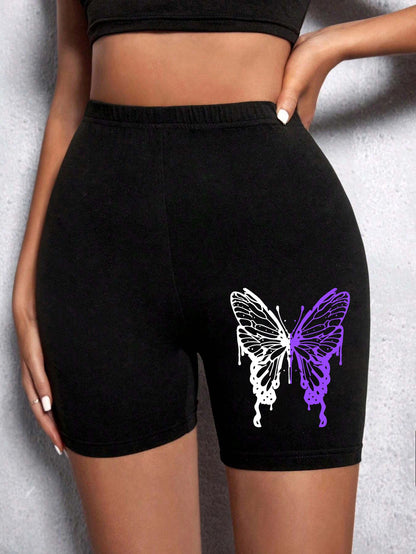 Casual Women Fitness Short Pantsbeautiful Dreamy Purple Butterfly Prints Leggings Short High Elastic Soft Thin Female Sportswear Black 2