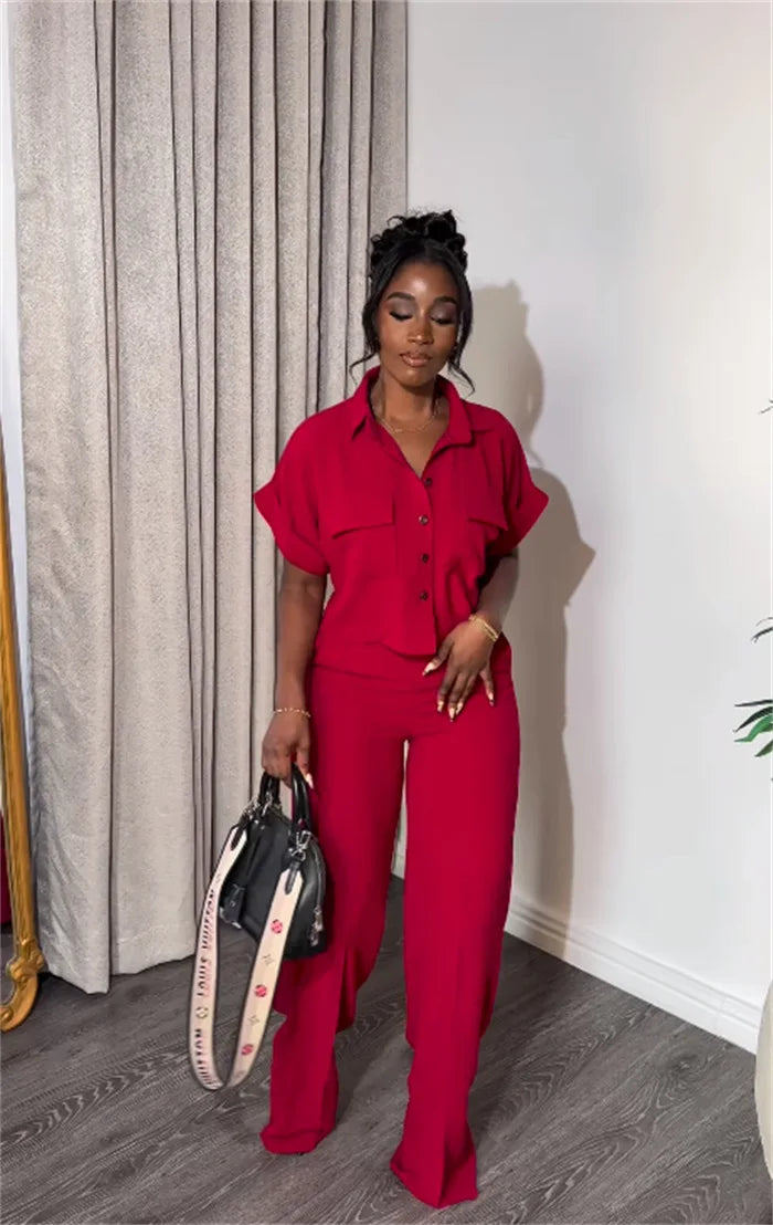 Women's Two-piece Set Spring Summer New Style Lapel Short-sleeved Shirt High Waist Wide Leg Trousers Casual Suit Women Clothing