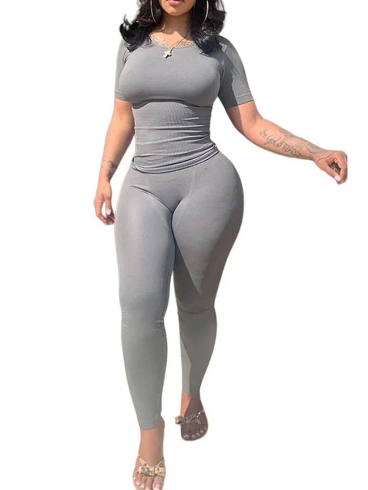 Lounge Wear Ribbed Casual 2 Piece Summer Shorts Set For Women Sleeve Top+Elastic Leggings Outfits