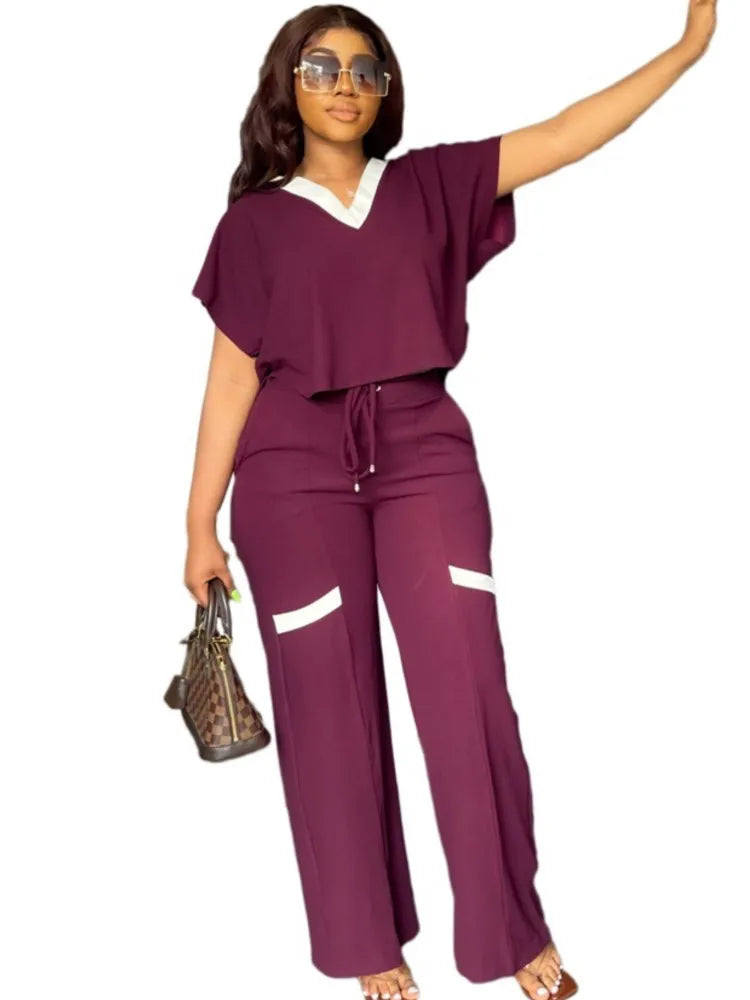 Elegant Women's Casual Short Sleeve T-shirt Sports Suit Summer Fashion Solid V Neck Short Top & Straight Pants Two Piece Sets PURPLE CHINA