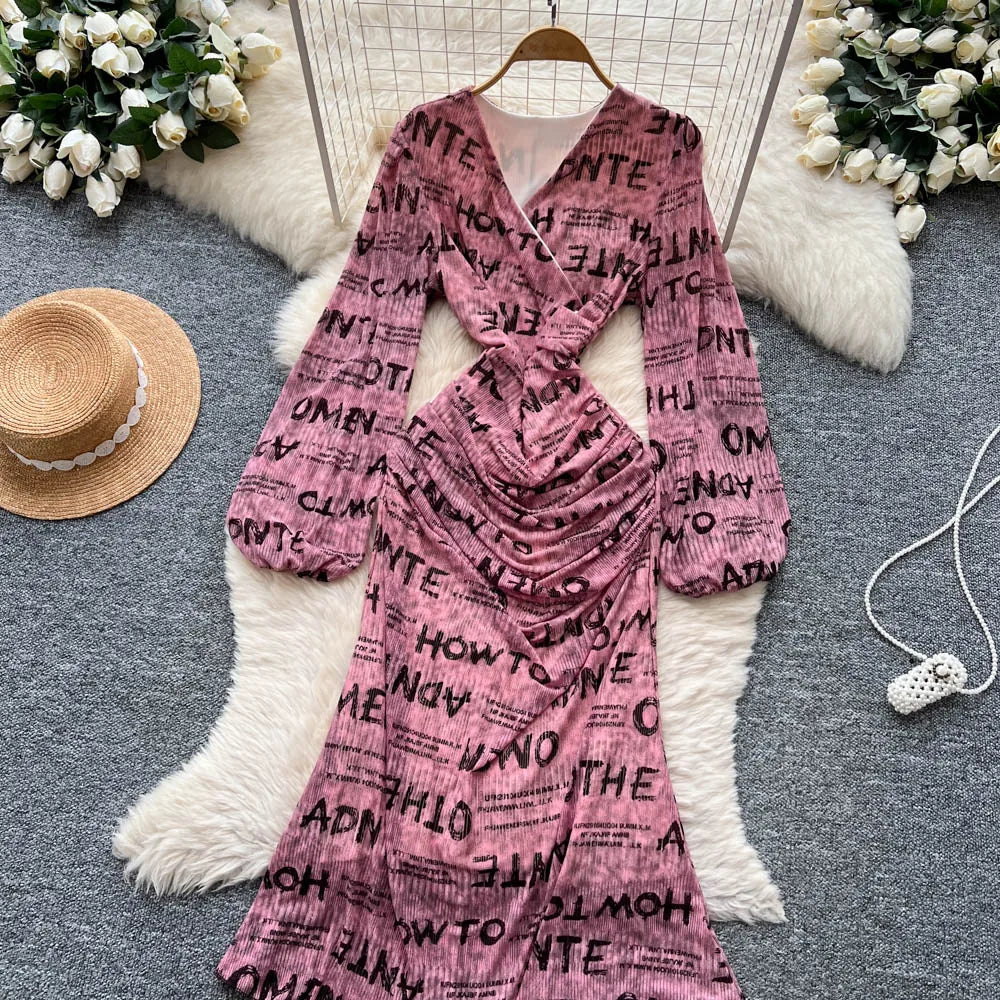 Chic vintage long sleeve Criss-Cross print pleated Elegant Fairy korean fashion dress women clothing Long dress