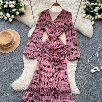 Chic vintage long sleeve Criss-Cross print pleated Elegant Fairy korean fashion dress women clothing Long dress