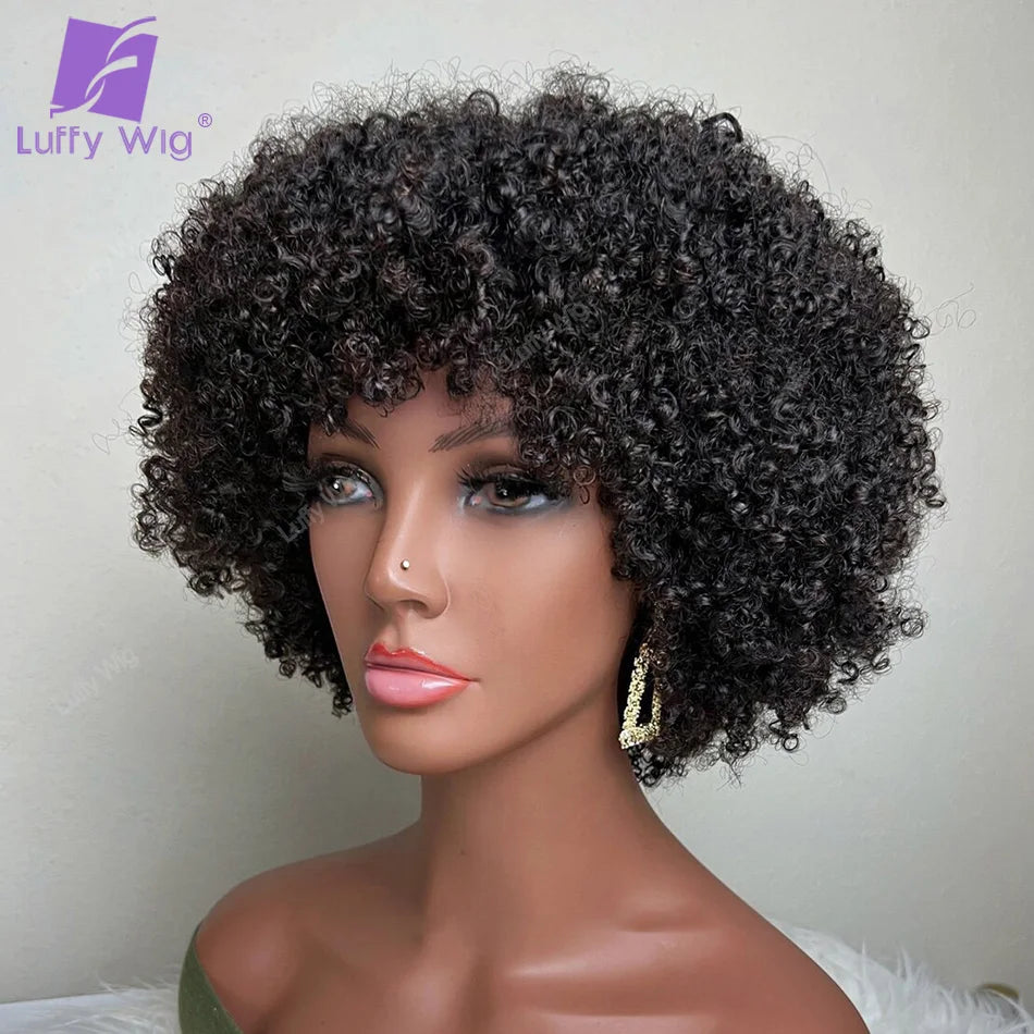 Short Pixie Cut Human Hair Wig With Bangs Brazilian Remy Afro Kinky Curly Bob Wig 180 Density Glueless For Black Women LuffY