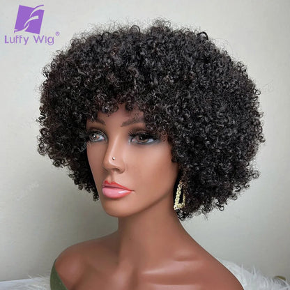 Short Pixie Cut Human Hair Wig With Bangs Brazilian Remy Afro Kinky Curly Bob Wig 180 Density Glueless For Black Women LuffY