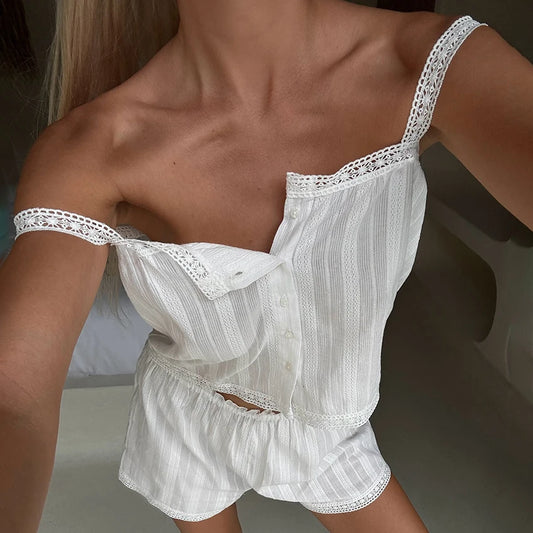 Hiloc Summer Elegant Jacquard Weave Shorts Suits Pajamas Cotton Ruffles White Sleepwear Home Spaghetti Strap Vest Casual Sets White