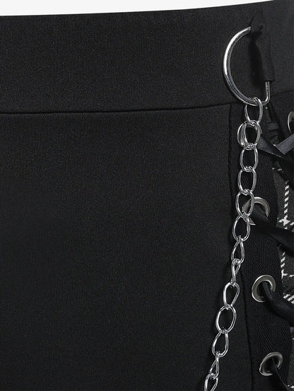 ROSEGAL Plus Size Women's Gothic Skirt Casual Plain Chain Detail High Waisted Stitching Plaid Pleated Layered Lace Up Skirts 5XL