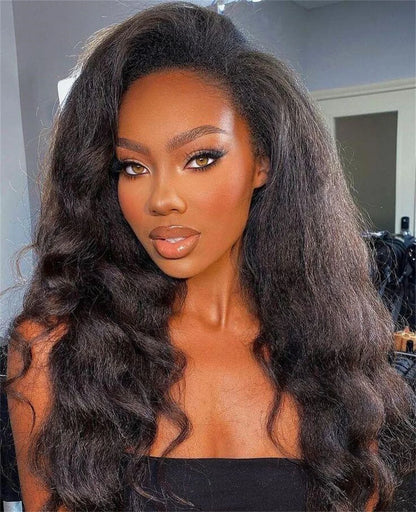 Long Soft Yaki 180Density Long Natural Black Kinky Straight Wave 13x4 Lace Front Wig For Women With Baby Hair Glueless 13x4KKwave
