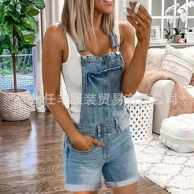 Women Rompers Jeans Jumpsuits One Piece Overalls Washing Denim Shorts Button Loose Casual Pockets Knee Length 2024 Summer light blue